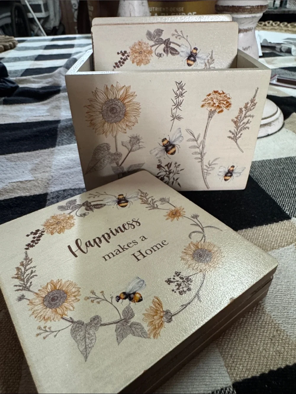Sunflower & Bee Decorative Storage Box Set of Six Coasters - Cream